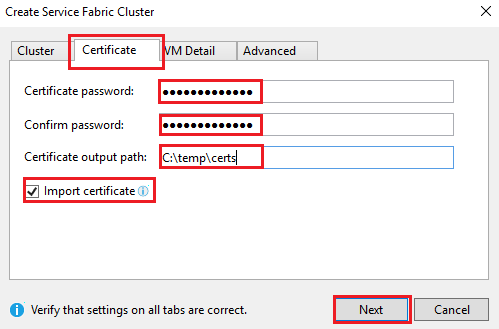 Screenshot that shows the Certificate tab of the Create Service Fabric Cluster dialog.