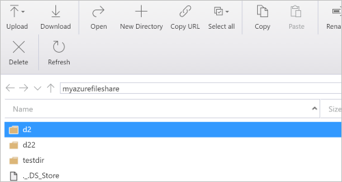 Screenshot of the main pane for the file share myazurefileshare in Storage Explorer, showing the contents of the share with the first folder selected.