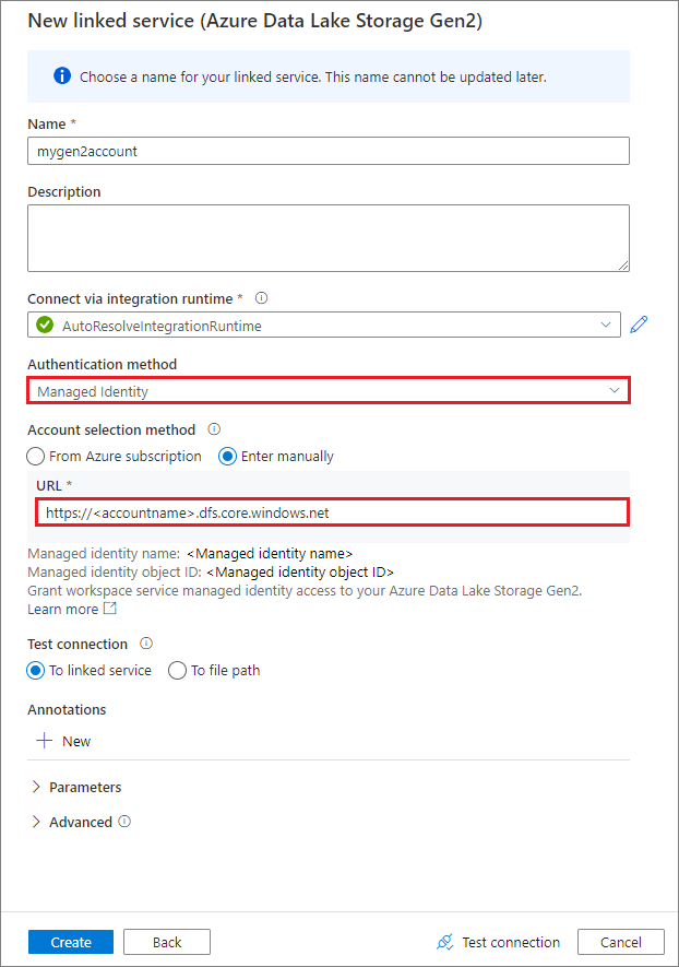 Screenshot of selections for creating a linked service by using a managed identity.