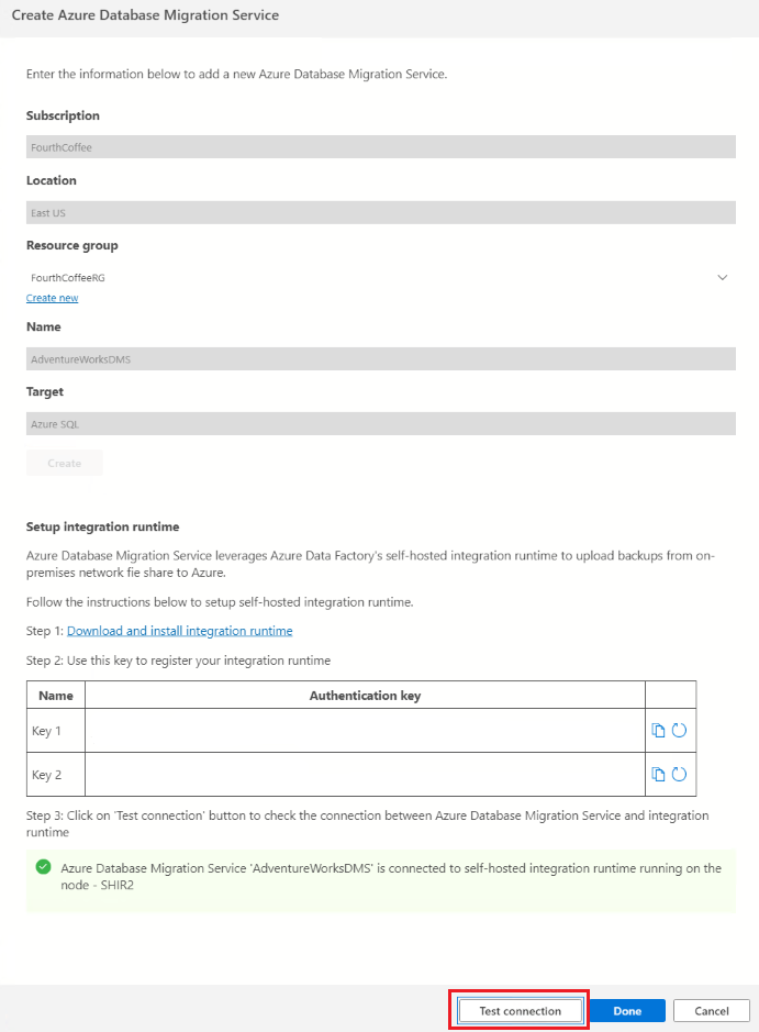 Screenshot of Test connection integration runtime.