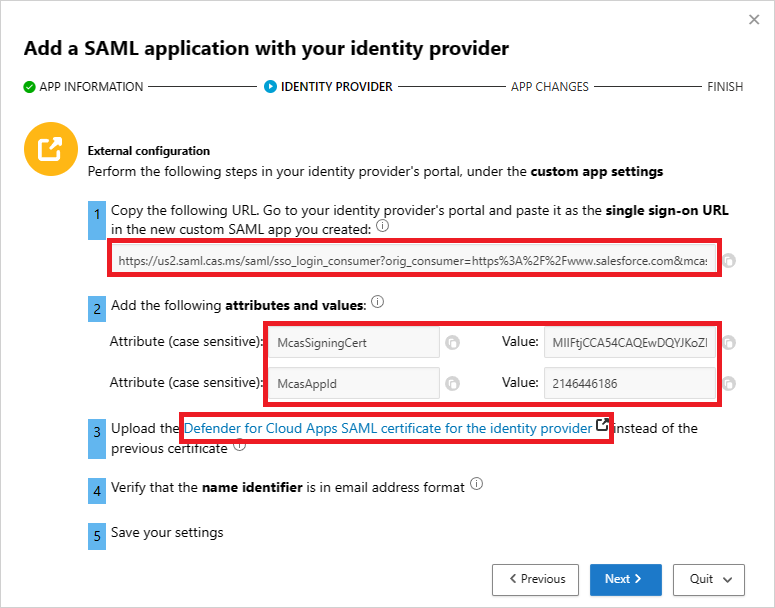 In Defender for Cloud Apps, note SSO URL and attributes.