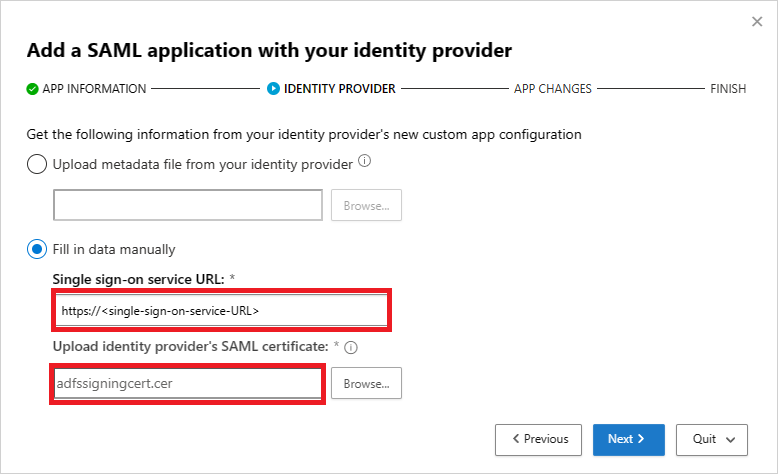 Add SSO service URL and SAML certificate.