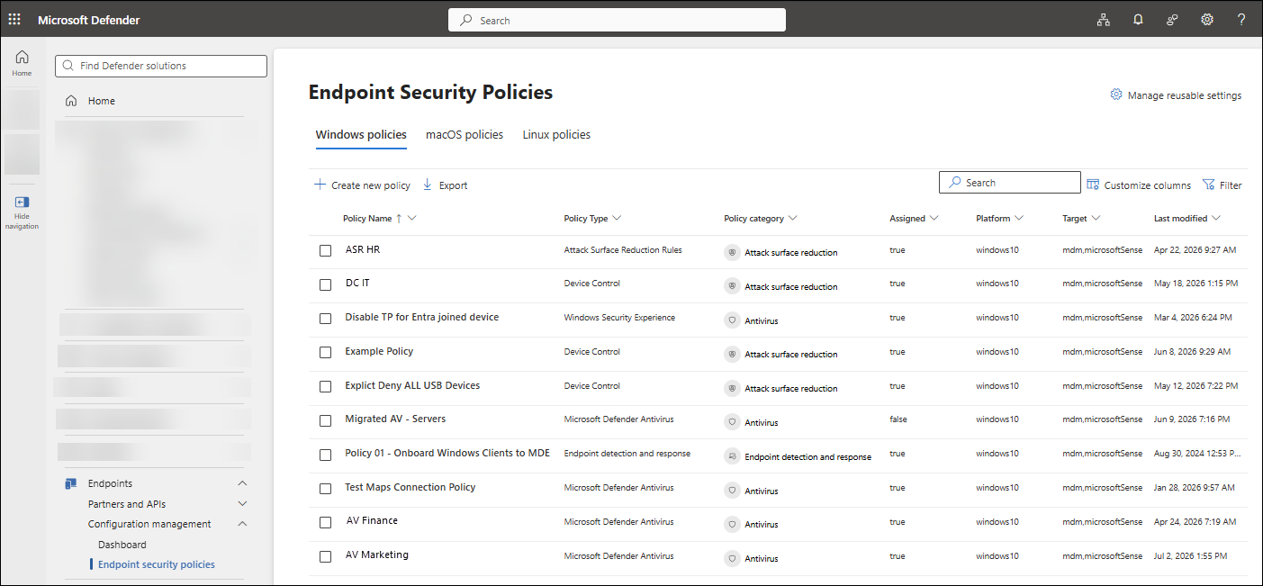 Screenshot of the Endpoint security policies page in the Microsoft Defender portal.