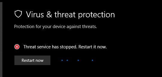 Screenshot of threat service has stopped.