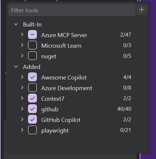Select MCP Tools window and Plus Icon