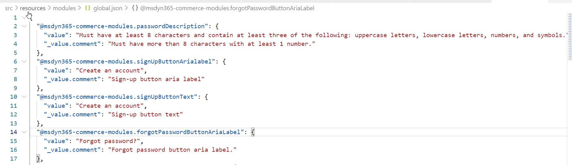 Updated link text in the sign in module's global.json file.