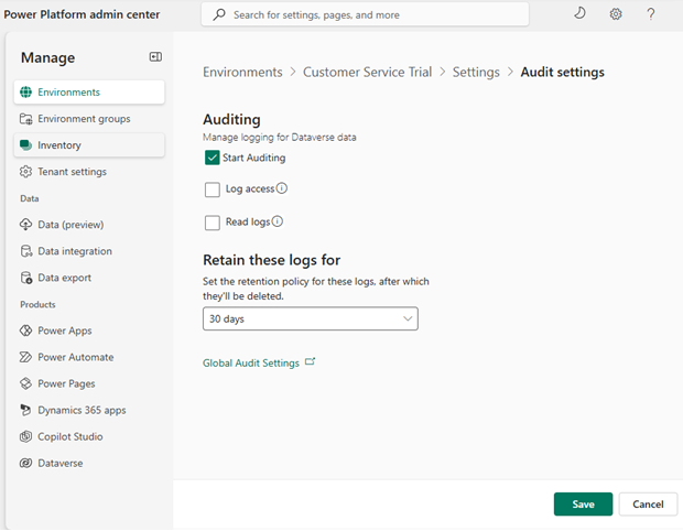 Screenshot of enabling environment-level audit of tables.
