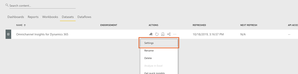 Select Settings on Datasets tab Select Settings on Datasets tab.