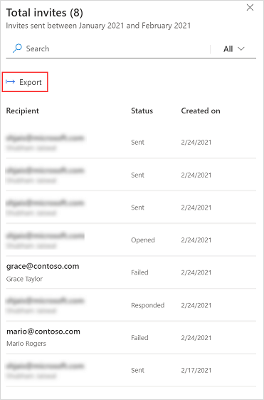 Survey invitation export from the invitation details panel Screenshot showing the Export command in an invitation details panel.