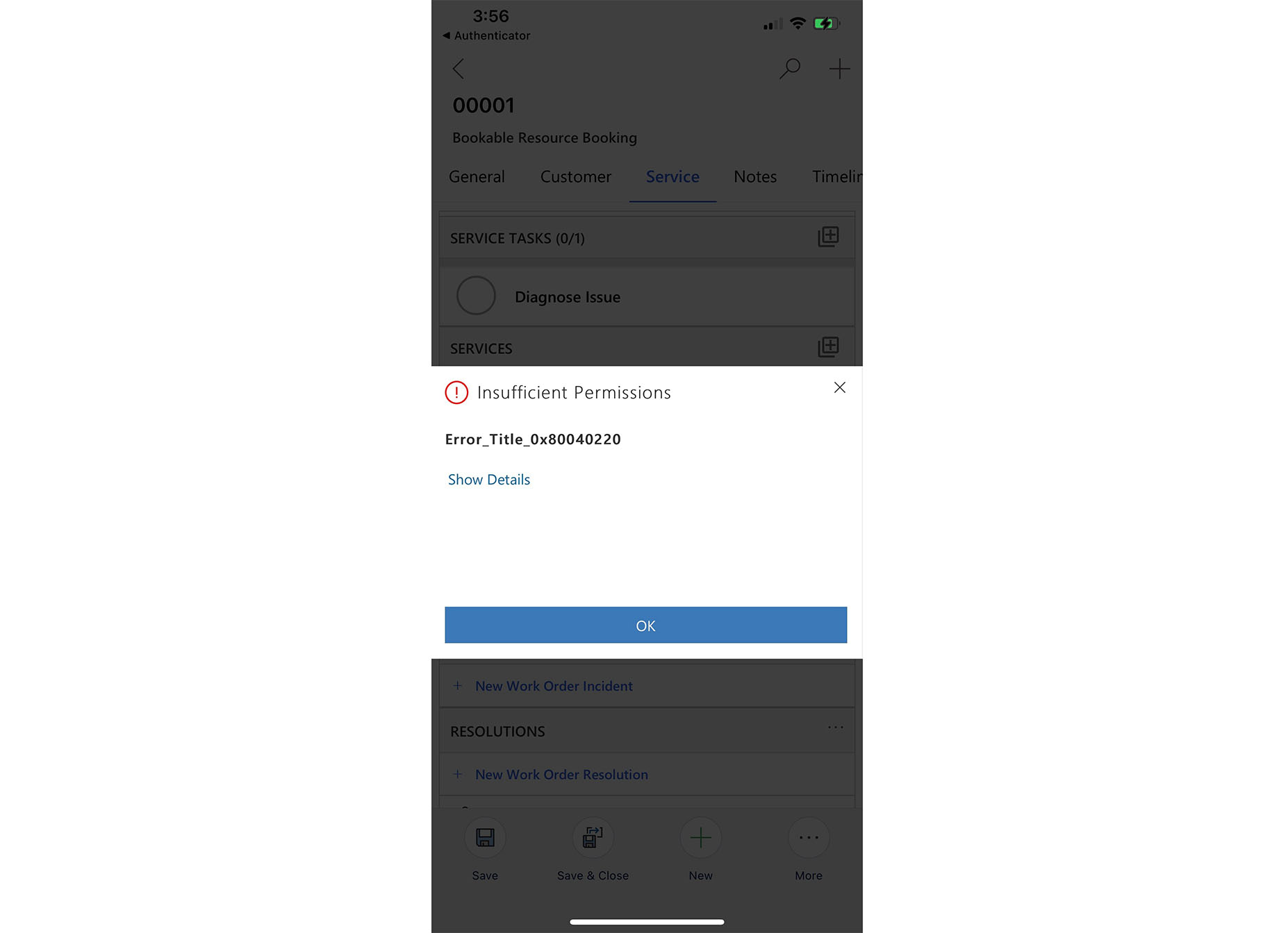 Screenshot of an error message showing 'Insufficient Permissions' in the Field Service mobile app.
