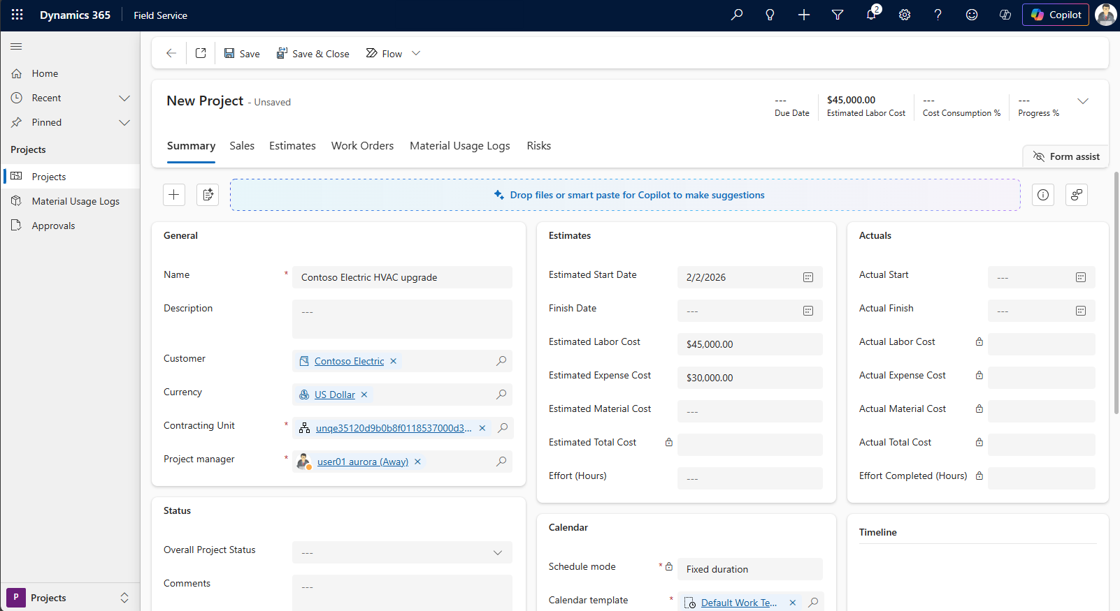 Screenshot of Field Service Project screen.