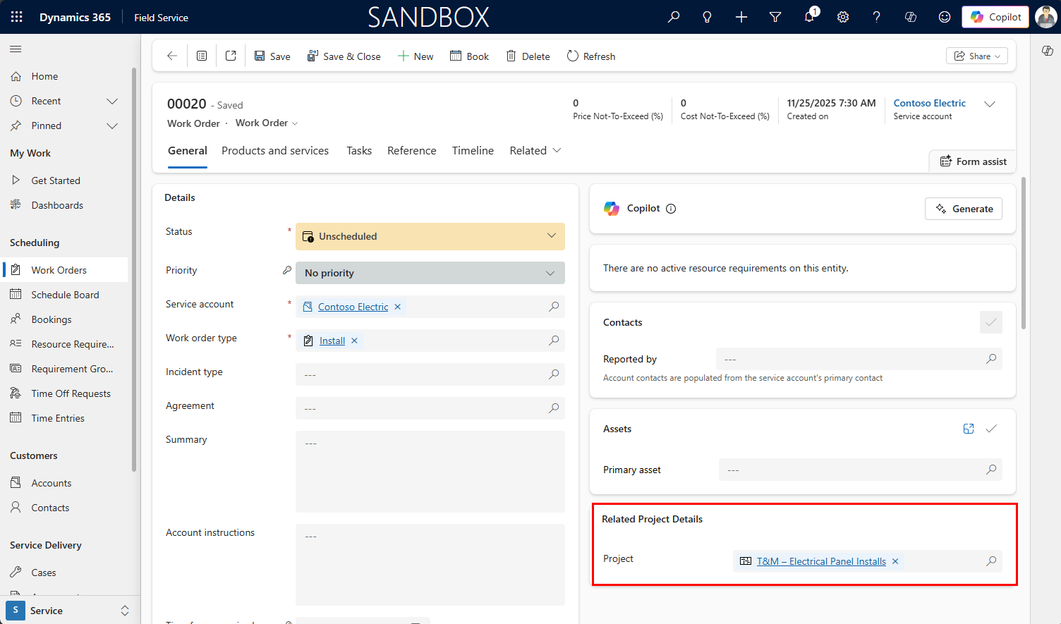 Screenshot of a Field Service work order highlighting the Project field.