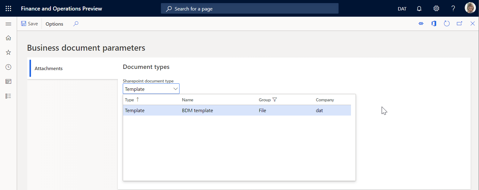 Screenshot of the Business document management parameters setup.