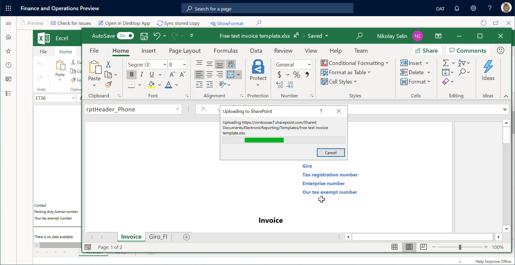Screenshot of saving changes to the Business document management template editor page using the desktop Excel application.