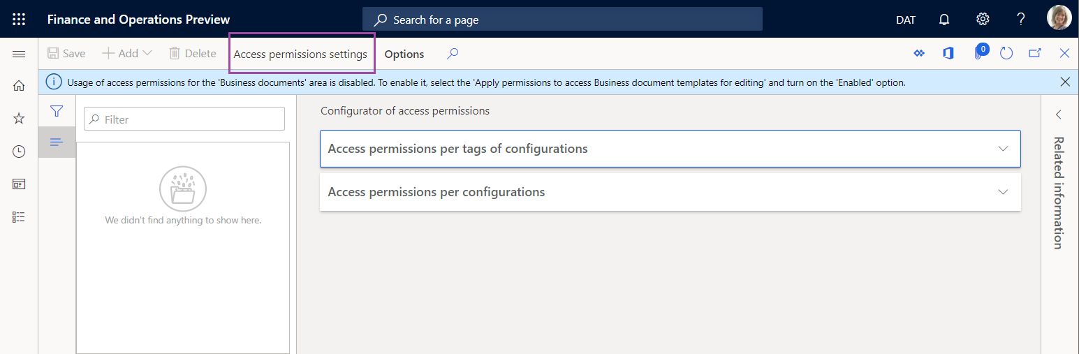 Screenshot of the Configurator of Business document management access permissions page.