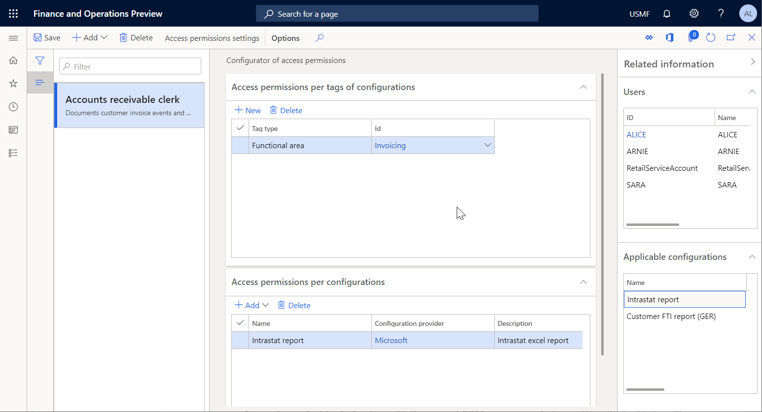 Screenshot of the Access permissions FastTabs on the Configurator of access permissions page.
