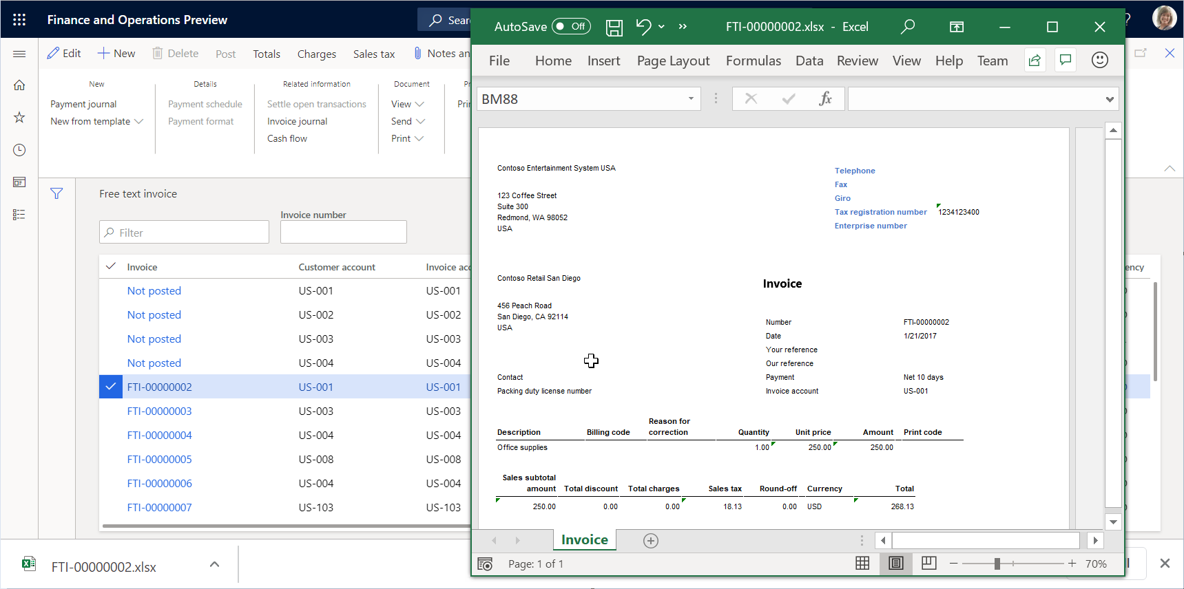 Screenshot of the Free text invoices page.