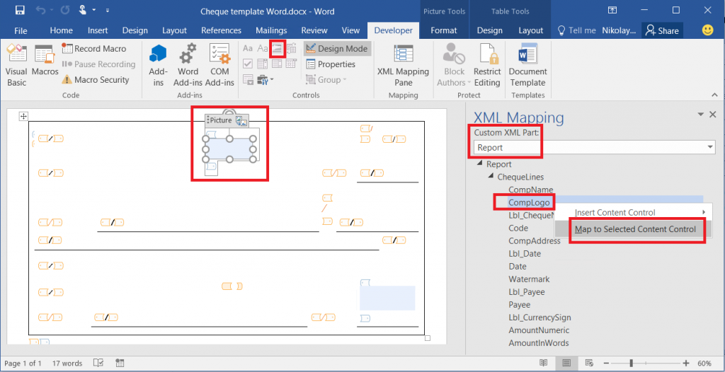 Screenshot of XML Mapping pane showing the Report custom XML part mapped to the Picture Content control in a Word document.