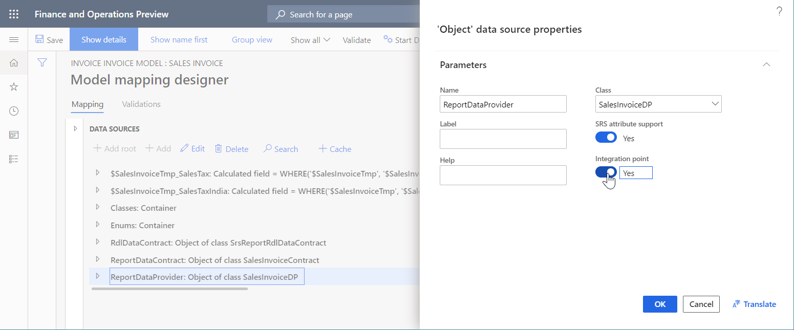Screenshot of setting the Integration point option to Yes in the Data source properties dialog box.