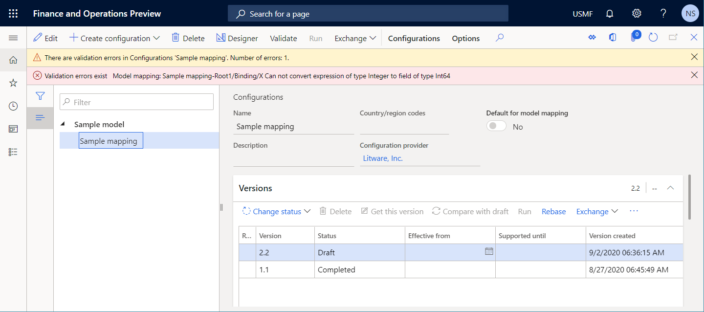 Screenshot of inspecting the model mapping component on the Configurations page.
