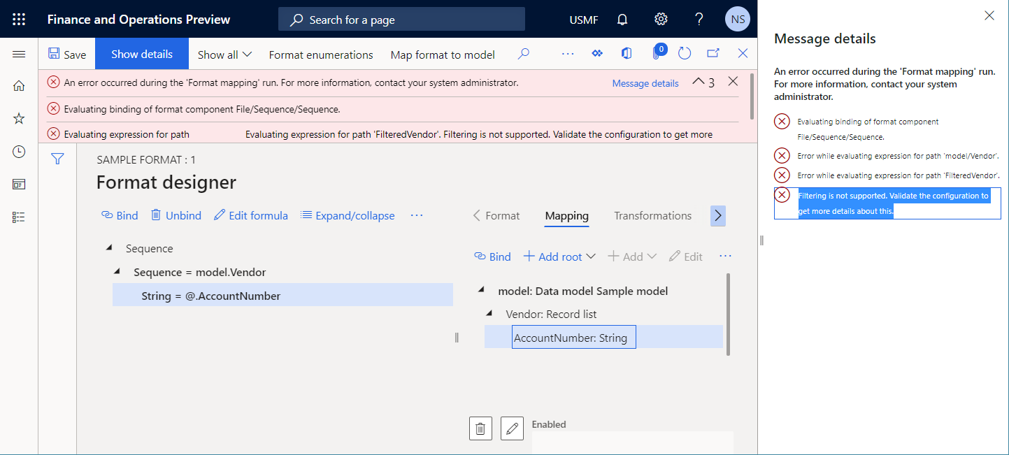 Screenshot of runtime errors that occur when you run the editable format on the Format designer page.