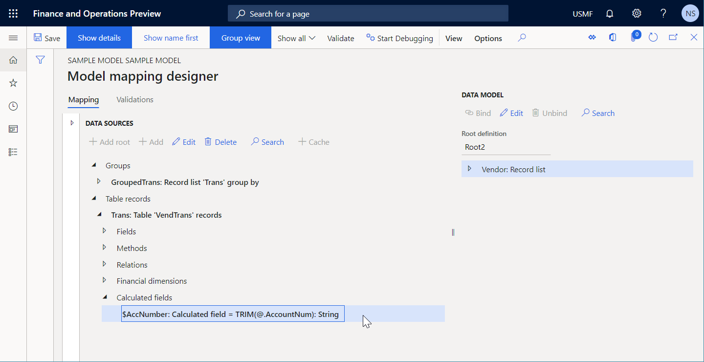 Screenshot of configuring the data source on the Model mapping designer page.
