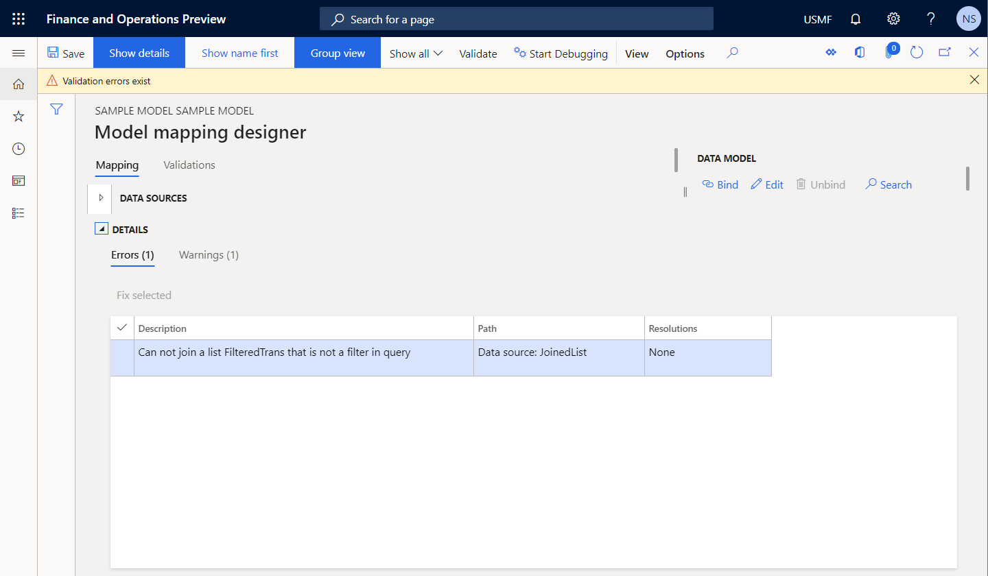 Screenshot of runtime errors from the failed validation of the JoinedList data source on the Model mapping designer page.