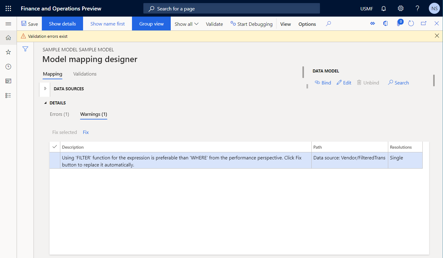 Screenshot of updated expression of data source on the Model mapping designer page.