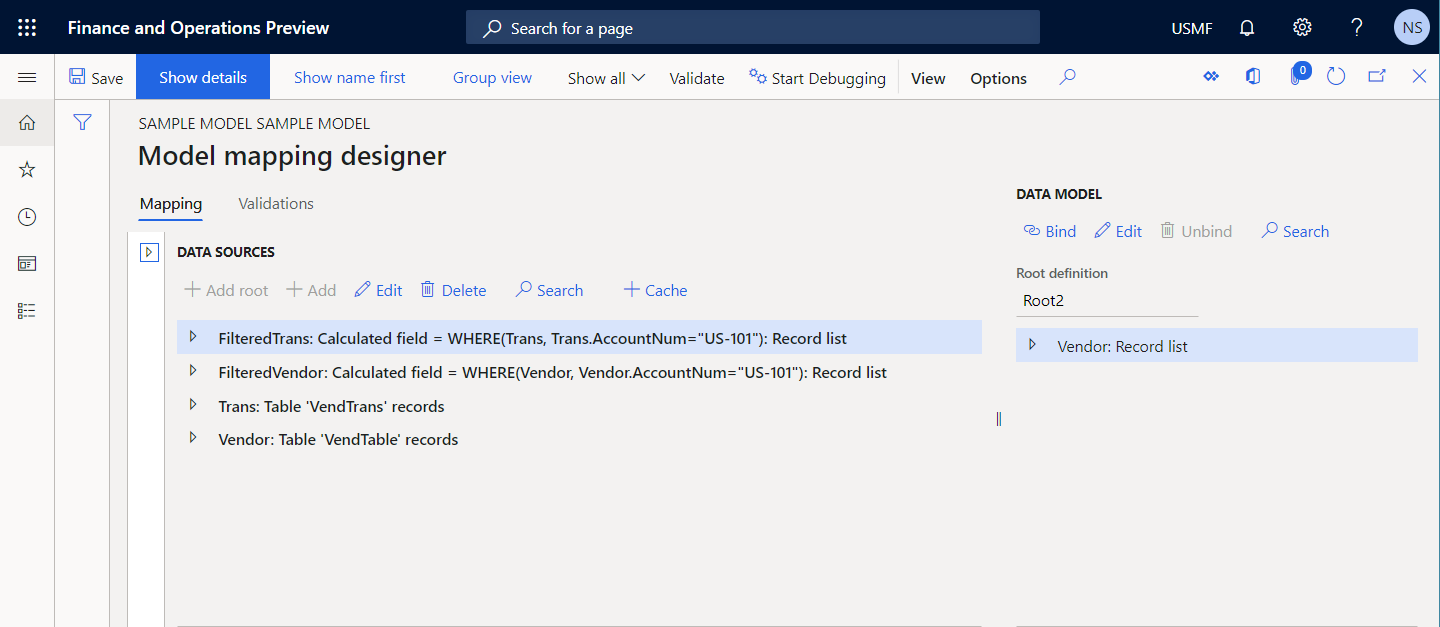 Screenshot of inspect the editable model mapping component on the Model mapping designer page.