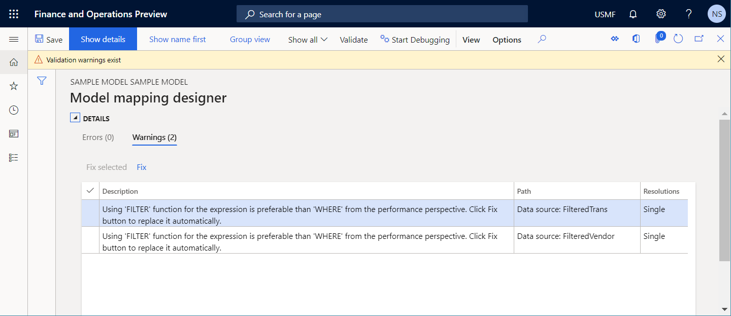 Screenshot of recommendation to use the FILTER function instead of the WHERE function on the Model mapping designer page.