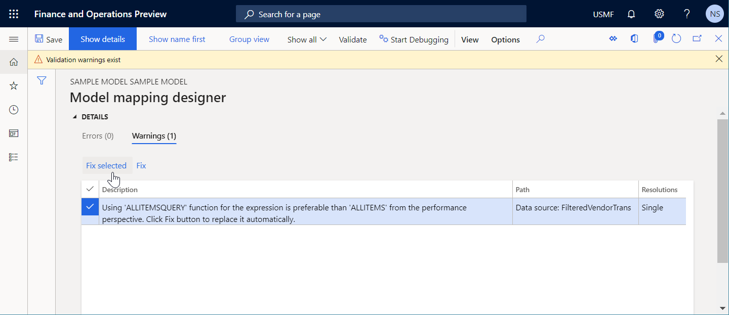 Screenshot of selecting Fix selected on the Model mapping designer page.
