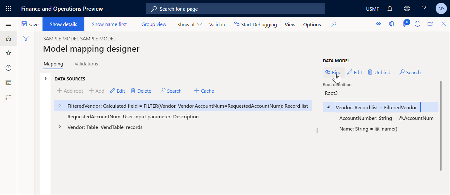 Screenshot of binding data model items on the Model mapping designer page.