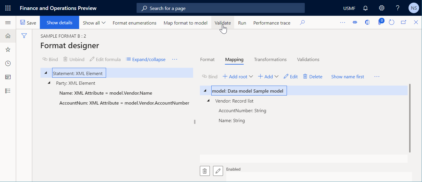 Screenshot of validating the format elements that you bound to data sources on the Format designer page.