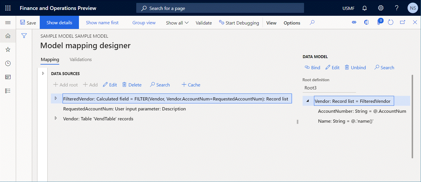 Screenshot of configuring the model mapping component on the Model mapping designer page.