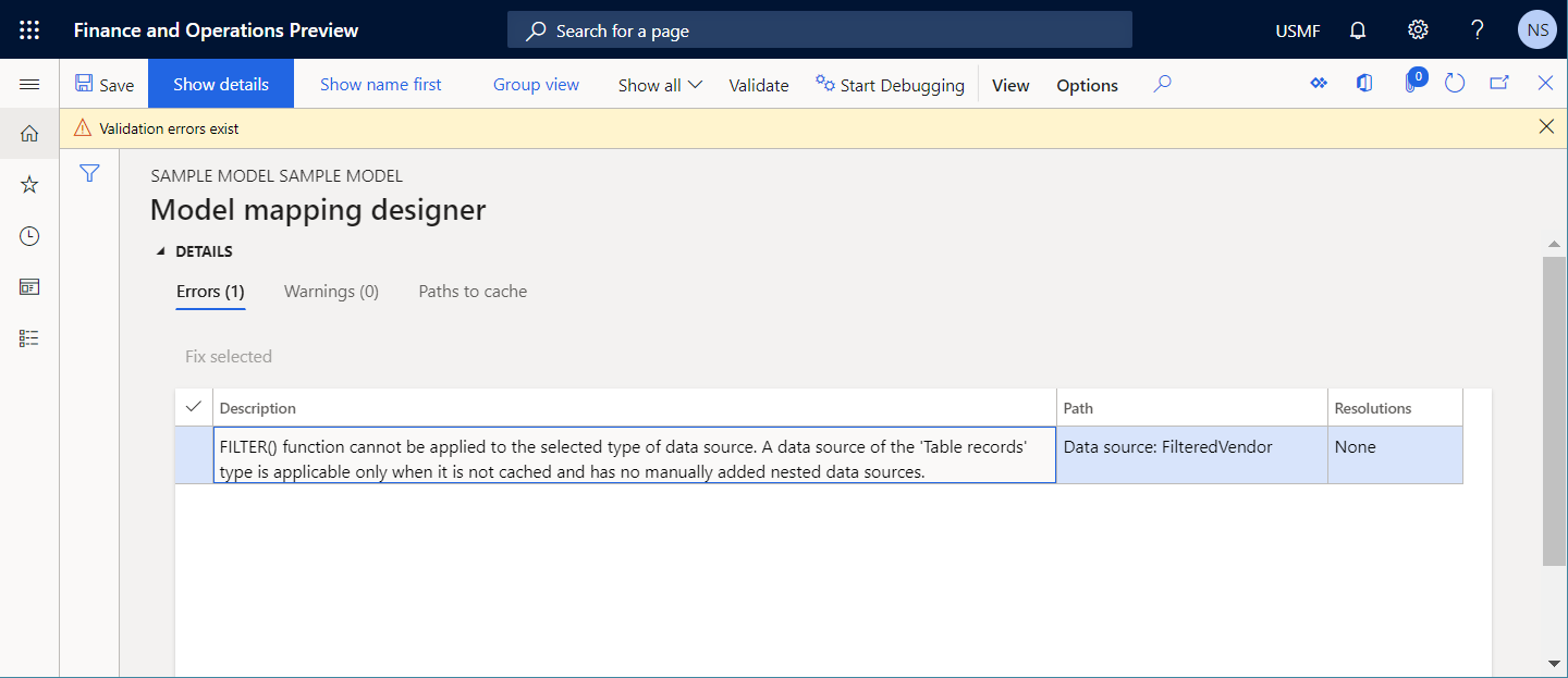 Screenshot of validating the FILTER function that is applied to the cached Vendor data source on the Model mapping designer page.