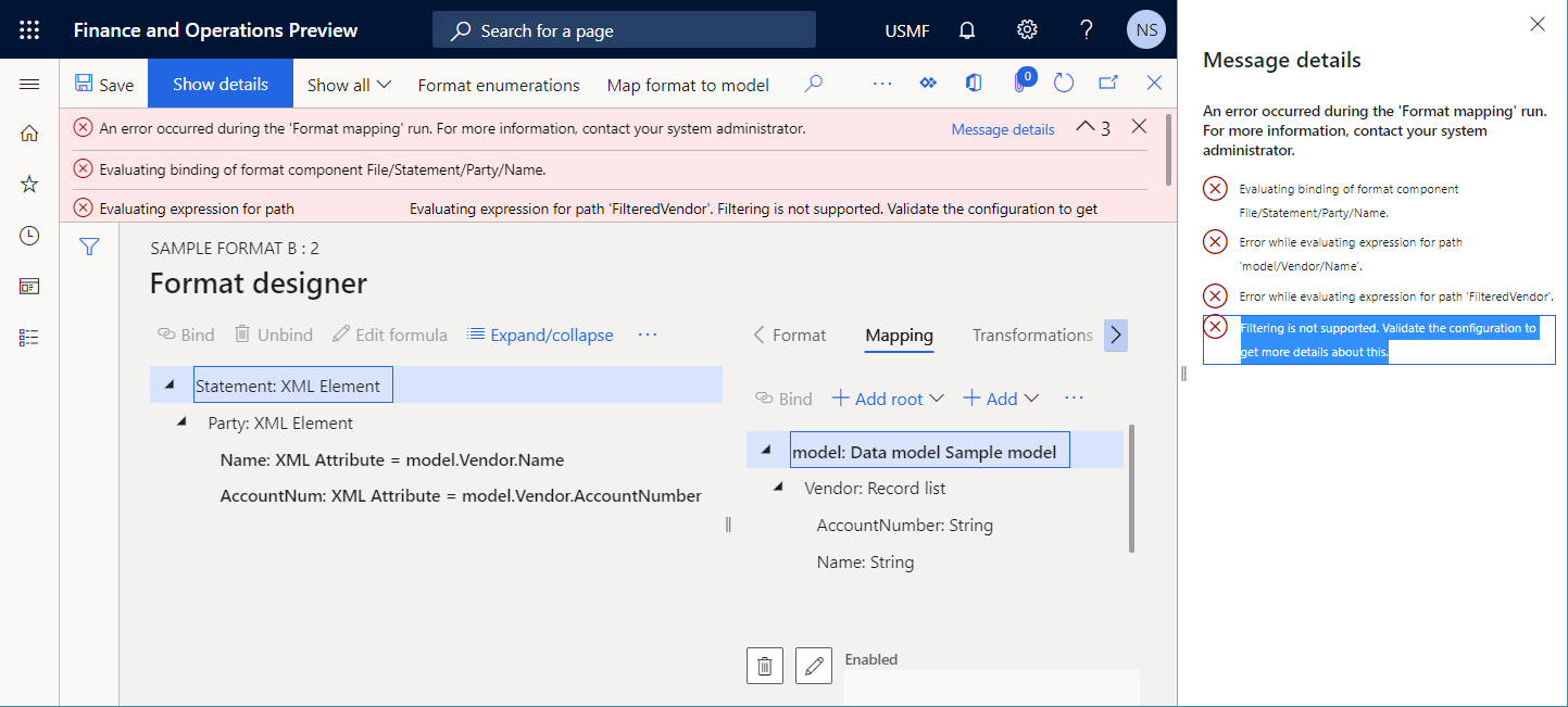 Screenshot of runtime error that occurs during the format mapping run on the Format designer page.