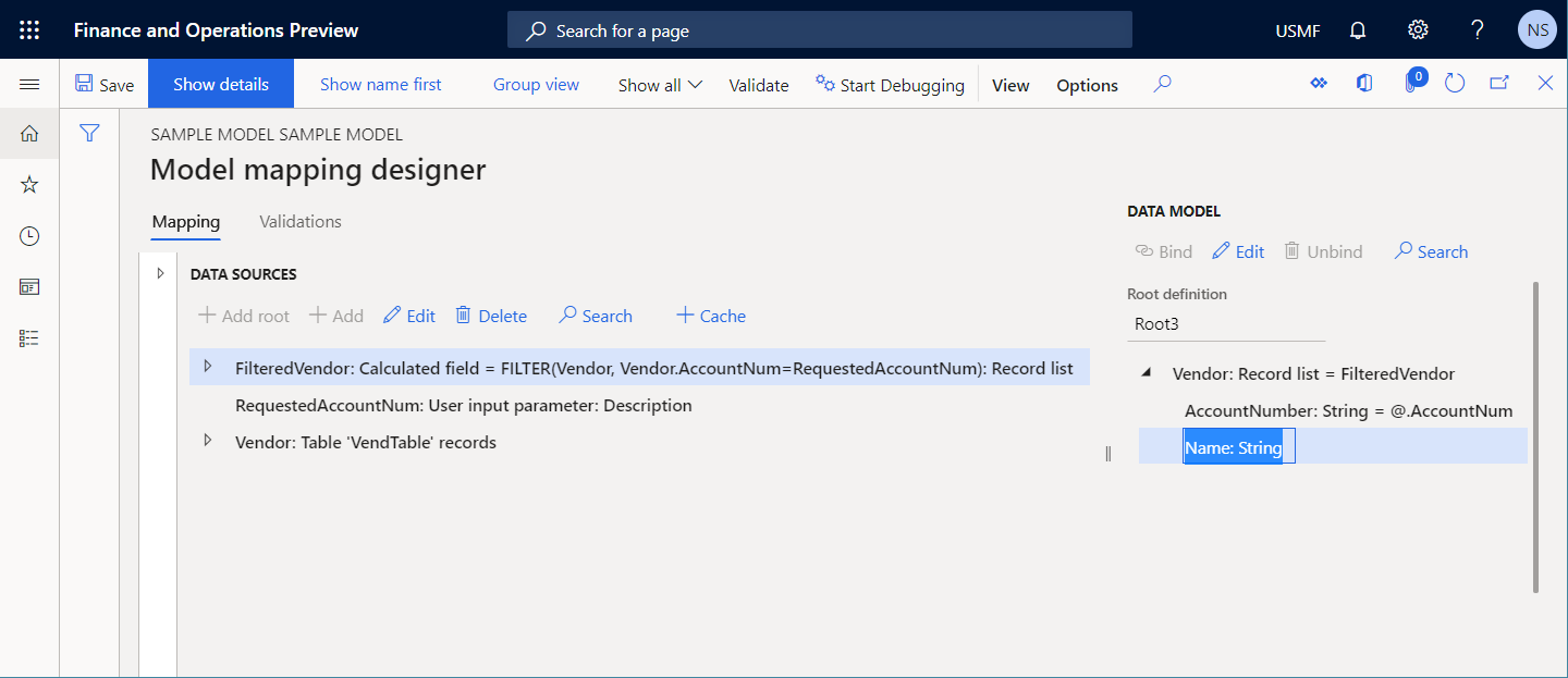 Screenshot of data model items bound to configured data sources and a data mode item that remains unbound on the Model mapping designer page.