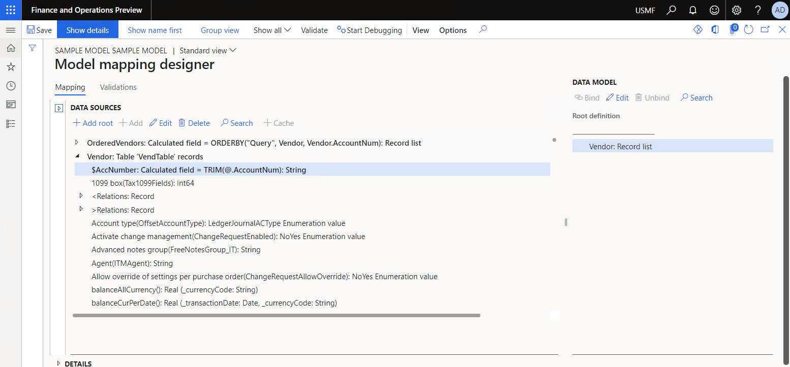 Screenshot of configuring data sources on the Model mapping designer page.