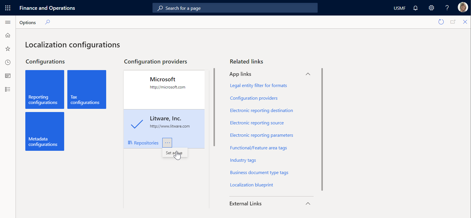 Screenshot of Litware, Inc. sample company on the Localization configurations page.