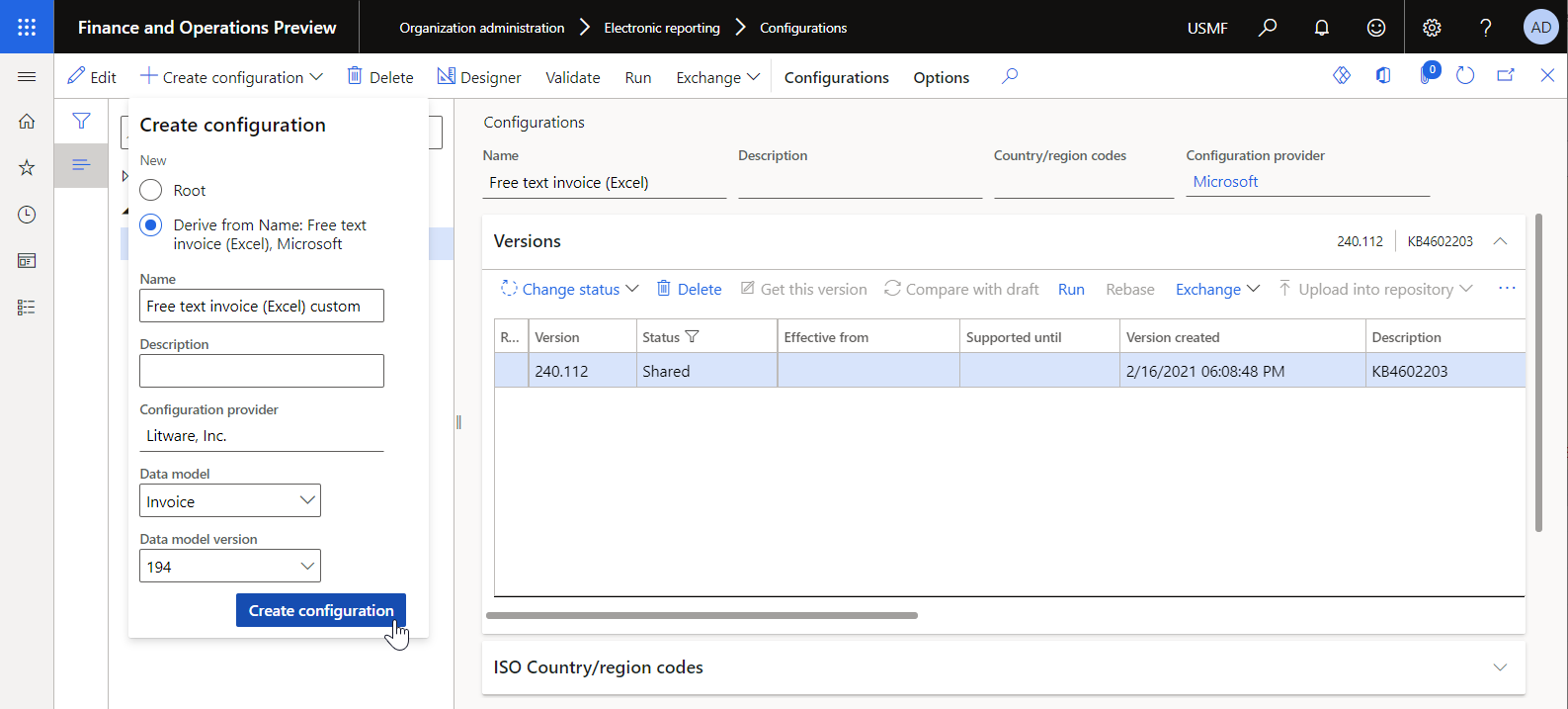 Screenshot of creating a configuration for a custom payment format in the Create configuration drop-down dialog box.