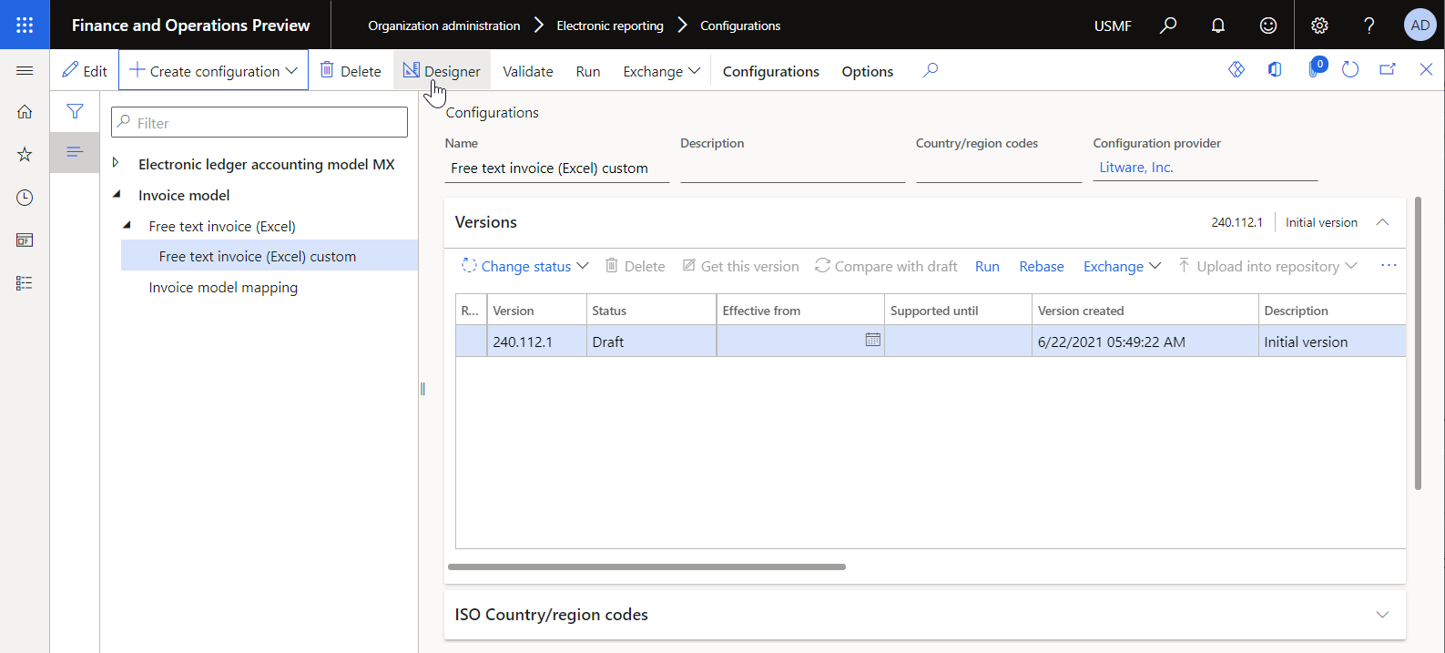 Screenshot of new version of the ER format configuration created on the Configurations page.