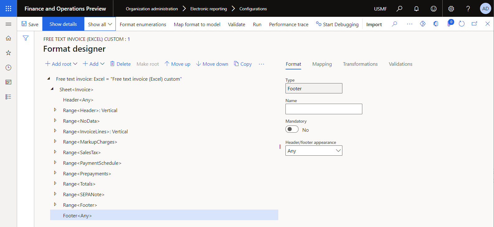Screenshot of the Footer element in the ER Operations designer.
