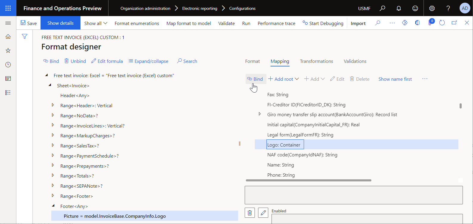 Screenshot of Picture format element bound with the model.InvoiceBase.CompanyInfo.Logo data source field in the ER Operations designer.
