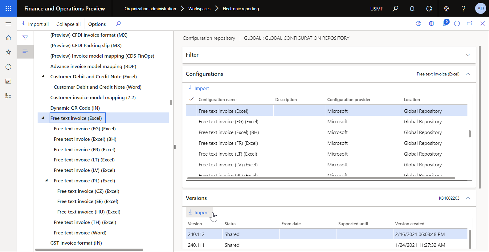 Screenshot of importing the standard ER configurations on the Configuration repository page.
