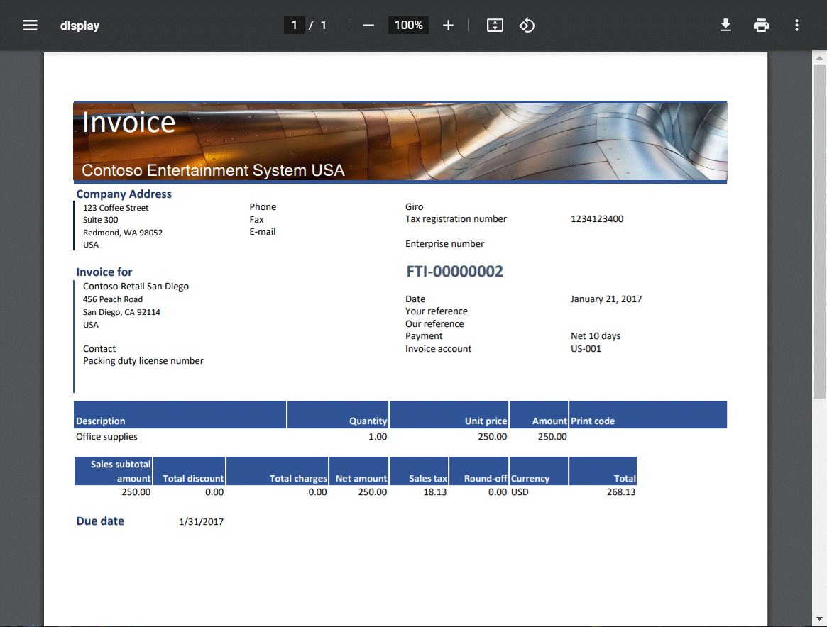 Screenshot of generated free text invoice with a company logo image in the page footer.