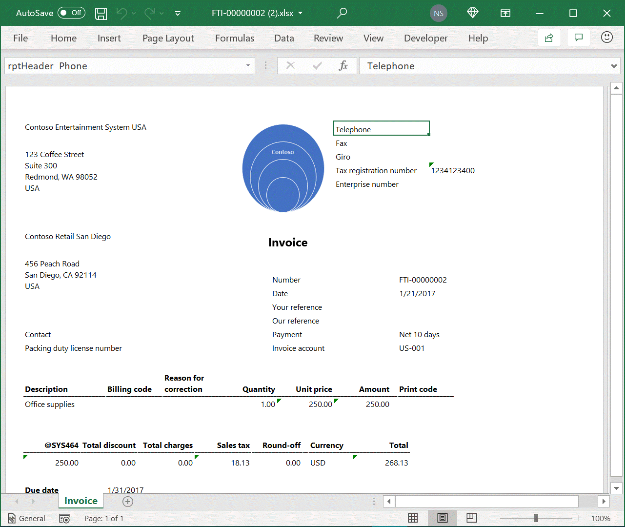 Screenshot of reviewing the footer of a generated document in Excel format.