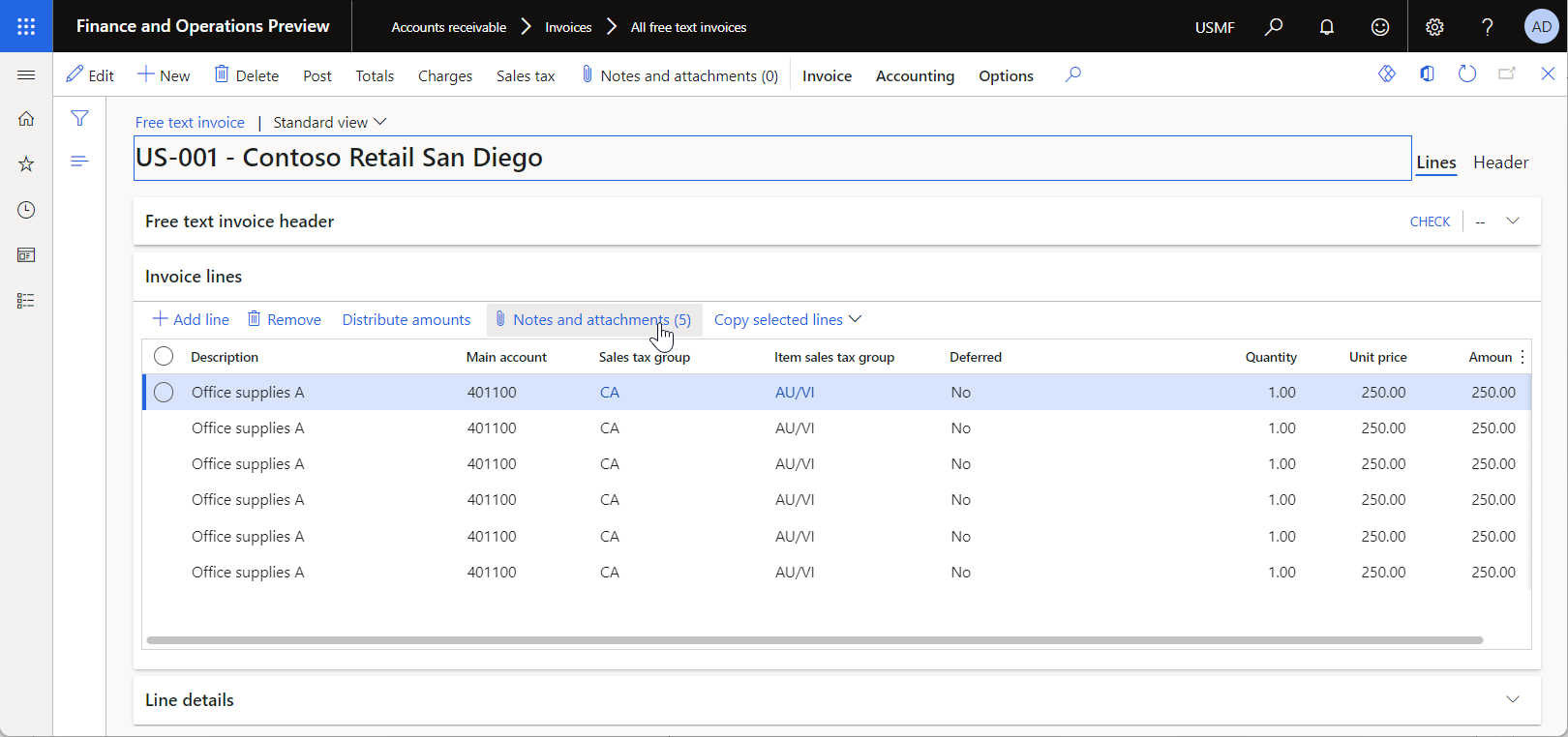 Screenshot of reviewing the free text invoice lines on the Free text invoice page.