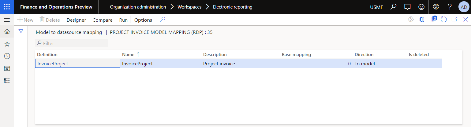 Screenshot of the Project invoice model mapping on the Model to datasource mapping page.