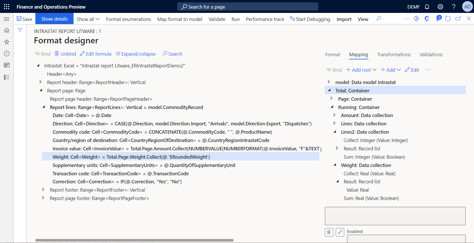 Screenshot of the configured bindings for collecting total values in the ER format designer.