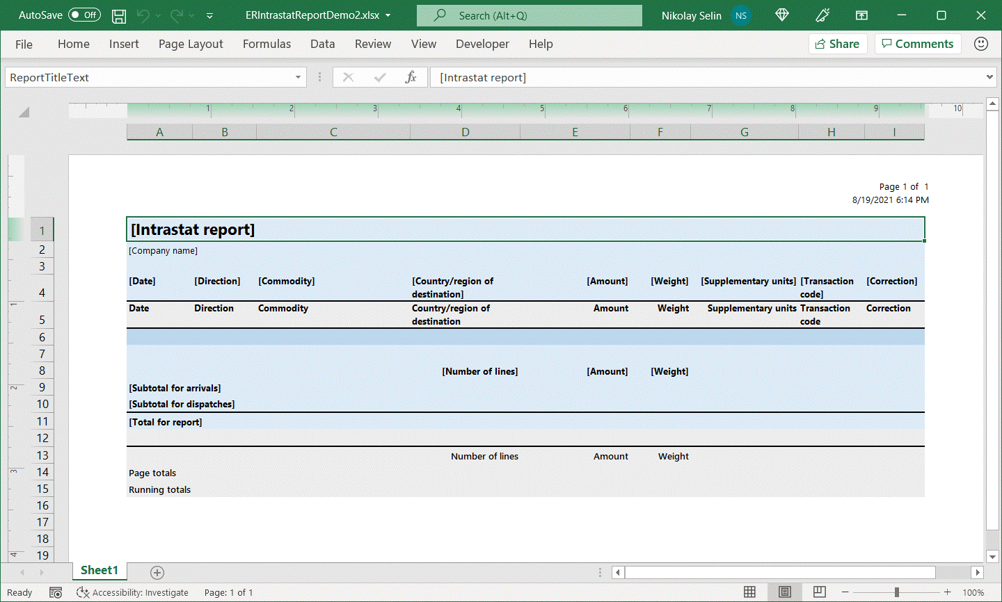 Screenshot of the layout of Excel template 2 in the desktop application.
